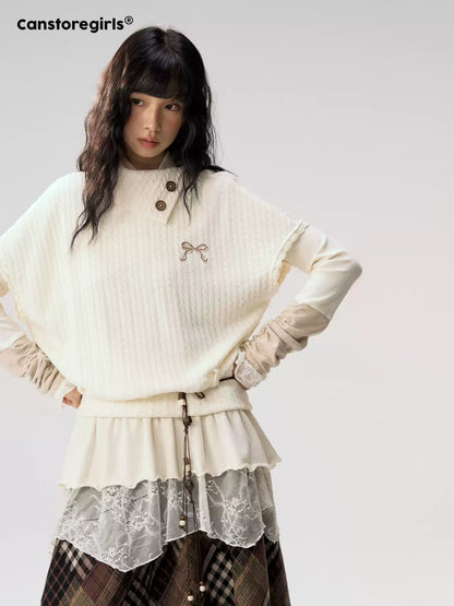 [CAN] "Oatmeal Harmony" Ivory Taupe Ruffle Lace Layered Knit Top