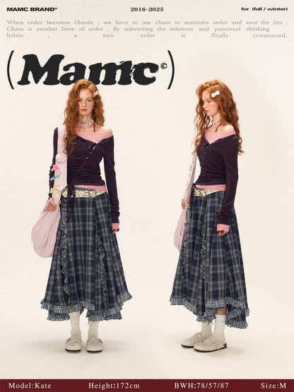 MAMC - Y2K Preppy Lace Trim Ruched Long Sleeve Top (Violet)