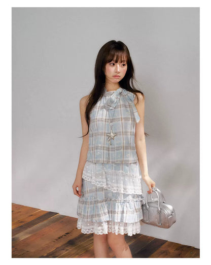 “Berry Fairytale Sonata” Misty Blue Ribbon Neck Lace Dress