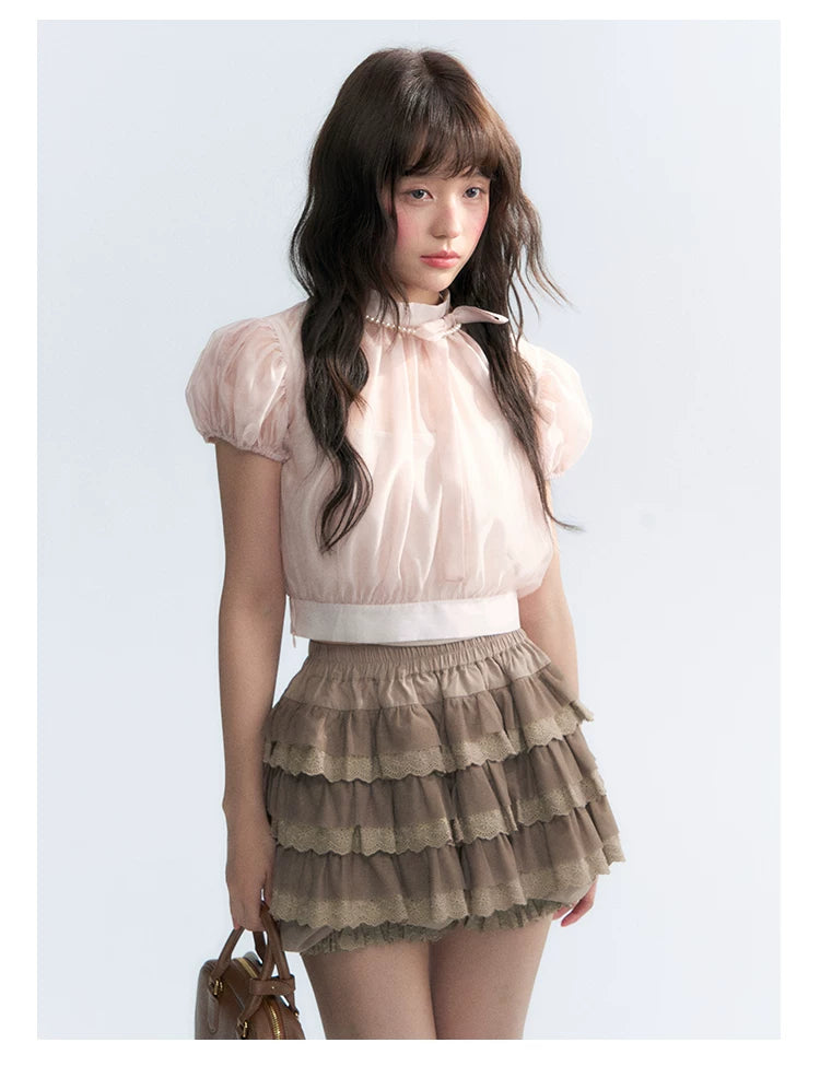 Vintage Stand Collar Bow Puff Sleeve Waist-Cinching Blouse with Knit Cami Set