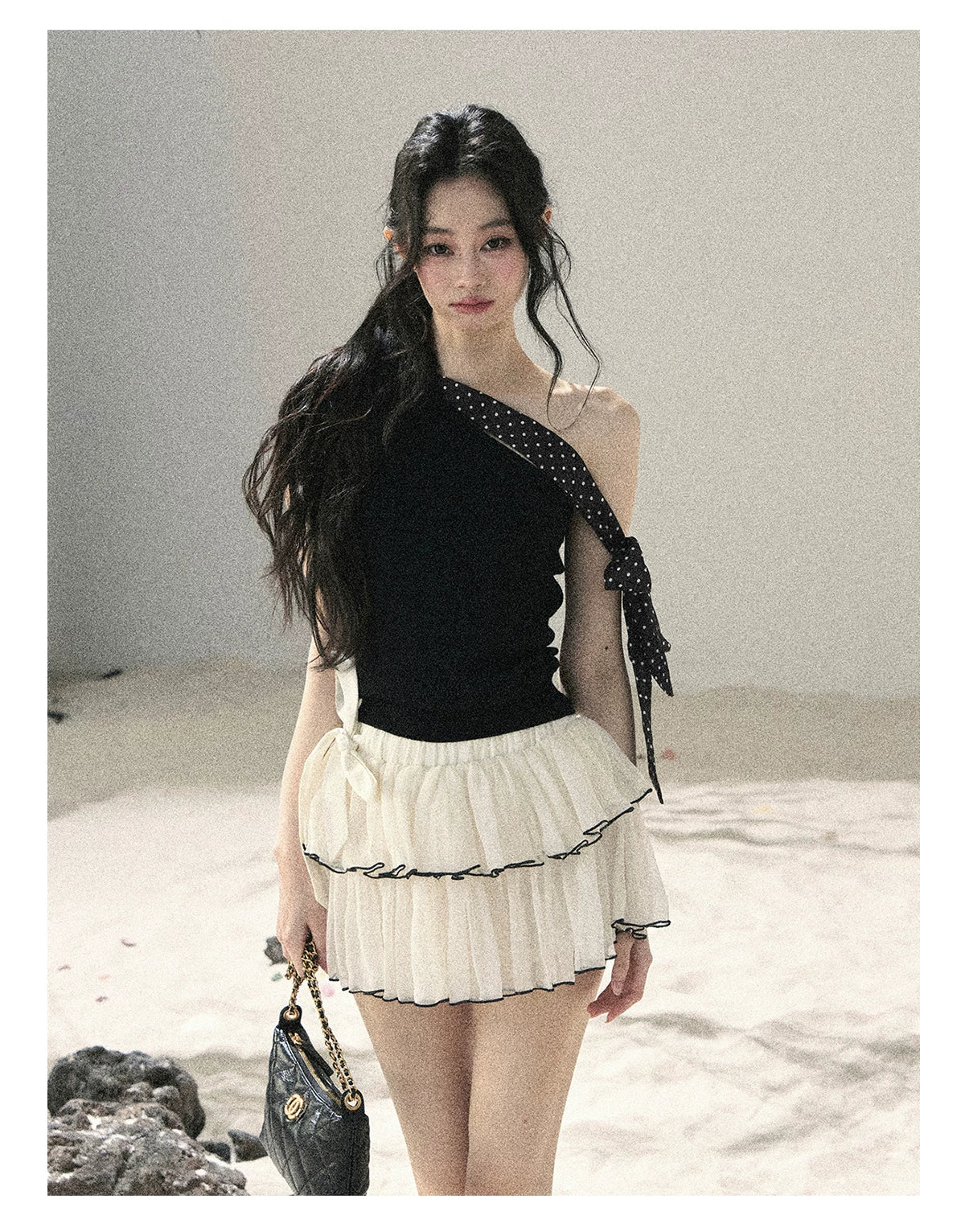 "Morning Dew & Evening Breeze" Midnight Black One-Shoulder Polka Dot Crop Top