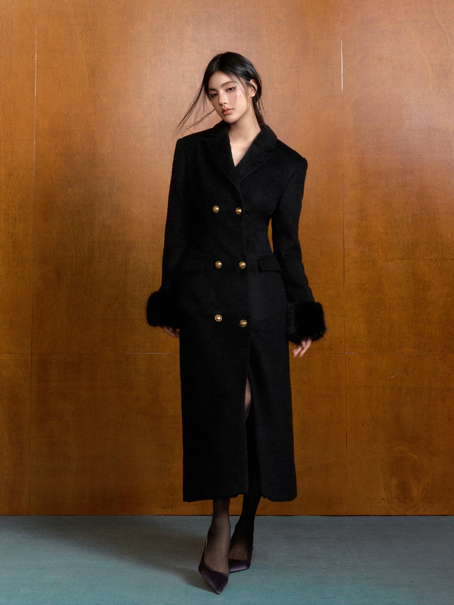 "Manor Elegance" Detachable Faux Fur Wool Coat & Knit Scarf Set