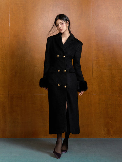 "Manor Elegance" Detachable Faux Fur Wool Coat & Knit Scarf Set