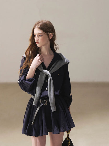 AOMALM - "Moonlight Sinks into the Sea" High-Intellect Utility Shirt Dress (Plain White / Navy Blue, with Belt & Optional Shawl)