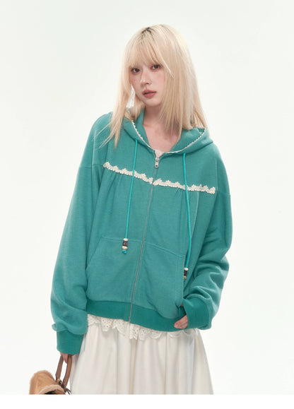 [CAN] Green Lace-Trim Waffle Knit Zip-Up Hoodie