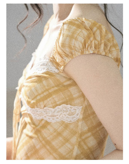 "Golden Wheat Whisper" Goose Yellow Lace Diamond Mini Dress