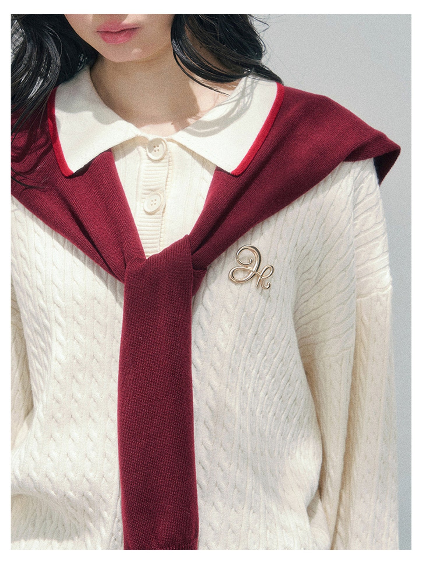 少也眼 “Campus Muse” Apricot Preppy Three-Piece Knit Set 6785654