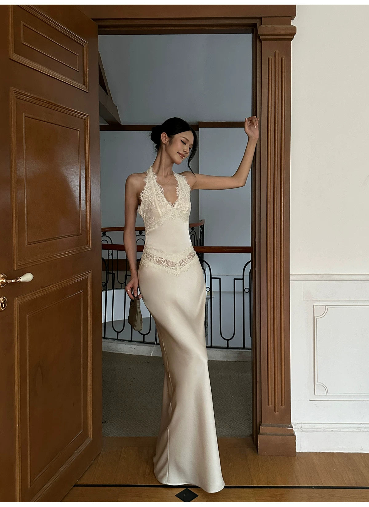 VENUIE - Champagne Satin Lace-Trim Halter Mermaid Maxi Dress