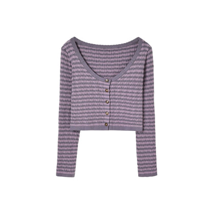 KYOUKO - Lavender Striped Cardigan, Mesh Top, Lace Cami & Ribbon Skirt Set