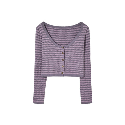 KYOUKO - Purple Striped Knit Cardigan, Green Lace Cami & Corduroy Skort Set