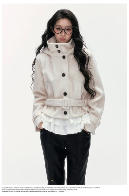 24olvides - Beige Hooded Wool-Blend Coat with Waist Belt