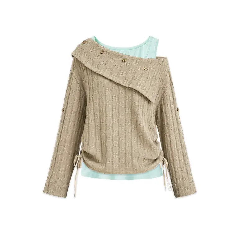 DAILY ARTIST - Brown Cable-Knit Sweater & Mint Green Tank Set