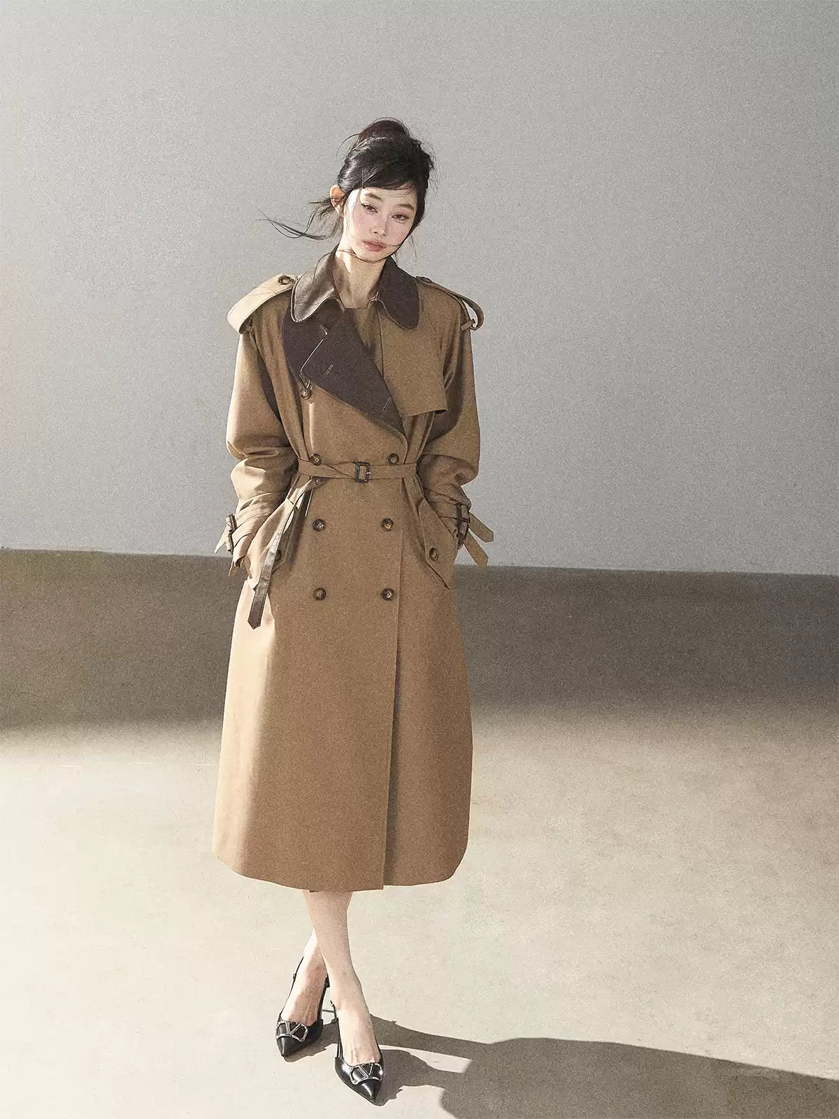 AOMALM - Chestnut Brown Long A-Line Trench Coat with Belt