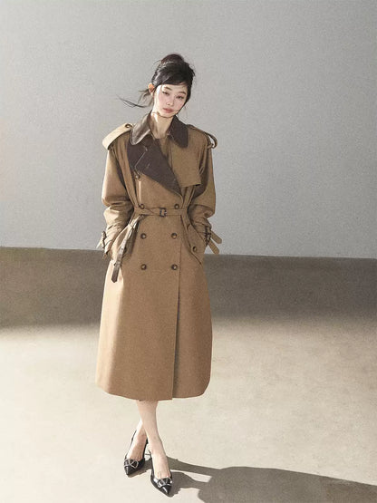 AOMALM - Chestnut Brown Long A-Line Trench Coat with Belt