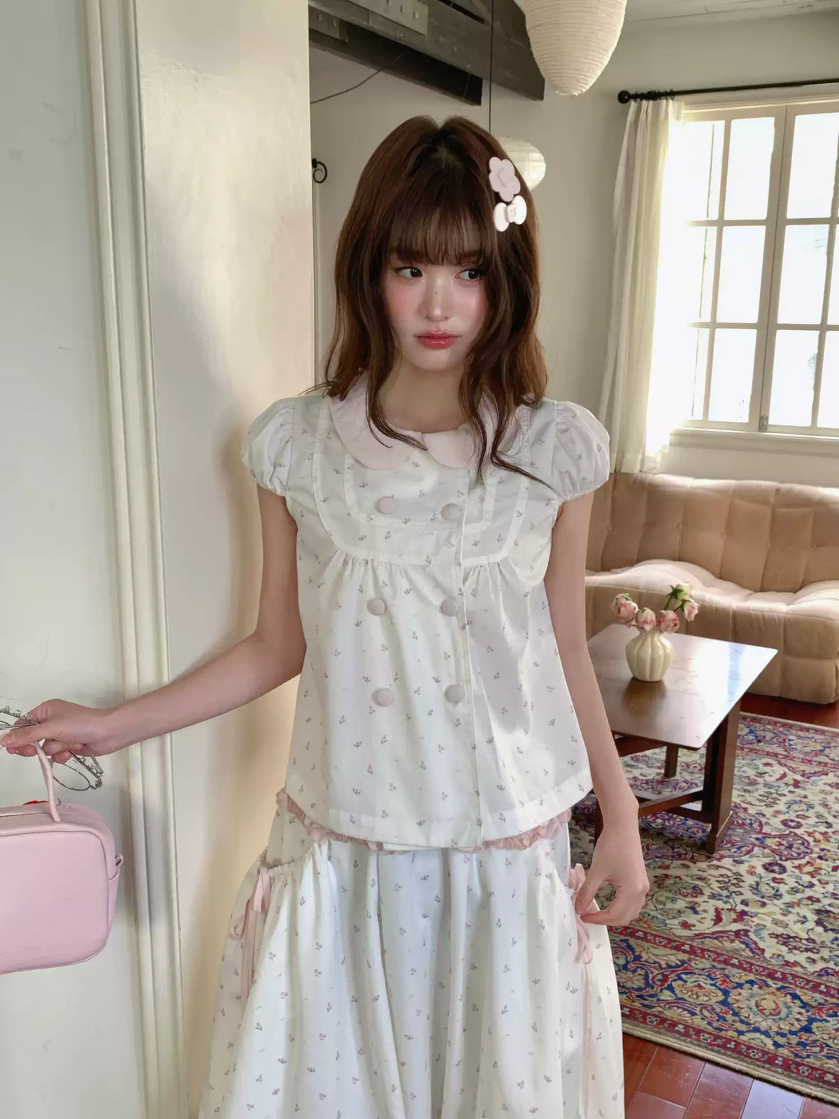 [RF] “White Peach Milk Foam” Pink & White Floral Polka Dot Two-Piece Set