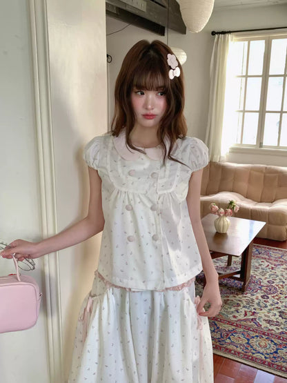 [RF] “White Peach Milk Foam” Pink & White Floral Polka Dot Two-Piece Set