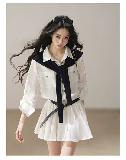 AOMALM - "Moonlight Sinks into the Sea" High-Intellect Utility Shirt Dress (Plain White / Navy Blue, with Belt & Optional Shawl)