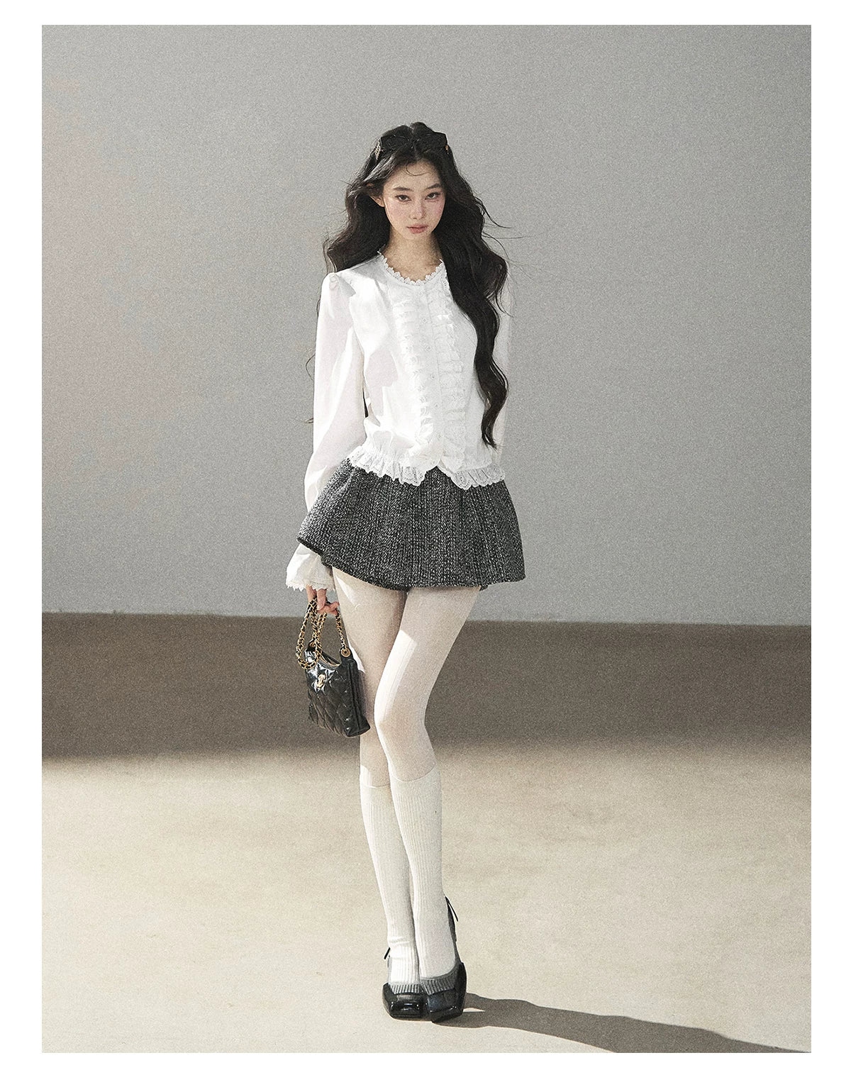 AOMALM - Black & Pearl White Tweed Jacket, Lace Blouse & Mini Skirt Set