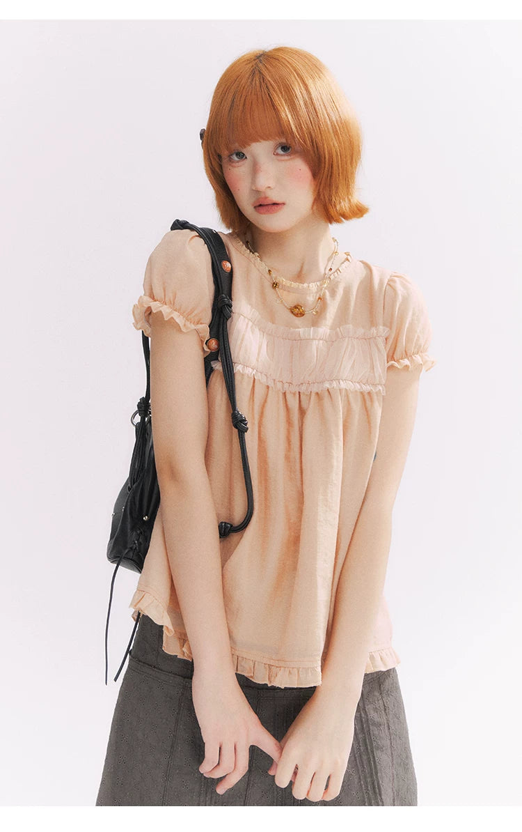 “Orange Soda” Seashell Orange Mesh Panel Puff Sleeve Top
