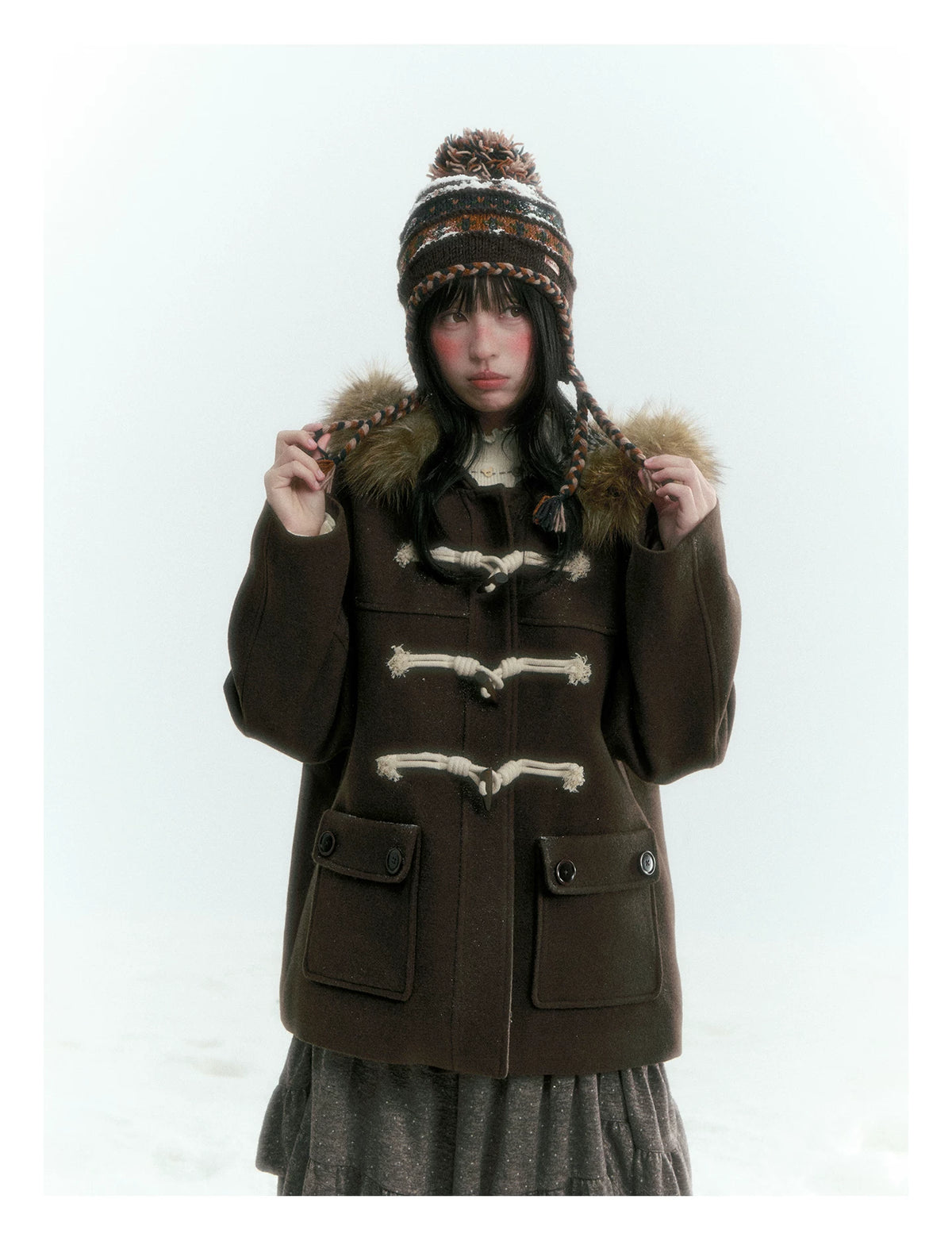 Horridale - Dark Coffee Brown Cropped Hooded Toggle Coat with Detachable Faux Fur Collar