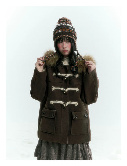 Horridale - Dark Coffee Brown Cropped Hooded Toggle Coat with Detachable Faux Fur Collar