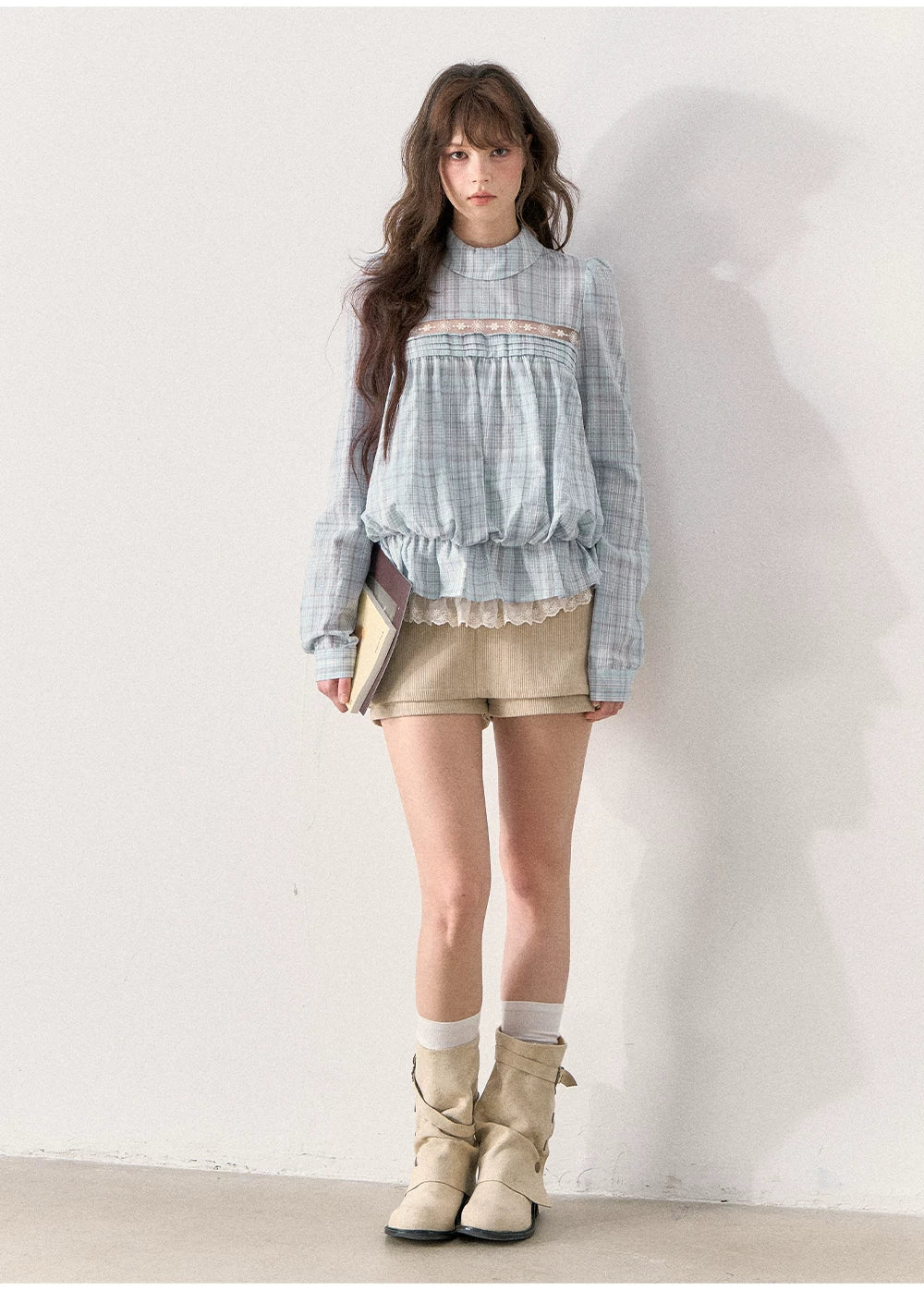 [TMMG] French Vintage Plaid Lace Ruffle Blouse (Blue Plaid)