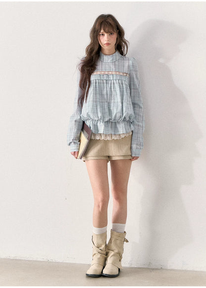 [TMMG] French Vintage Plaid Lace Ruffle Blouse (Blue Plaid)
