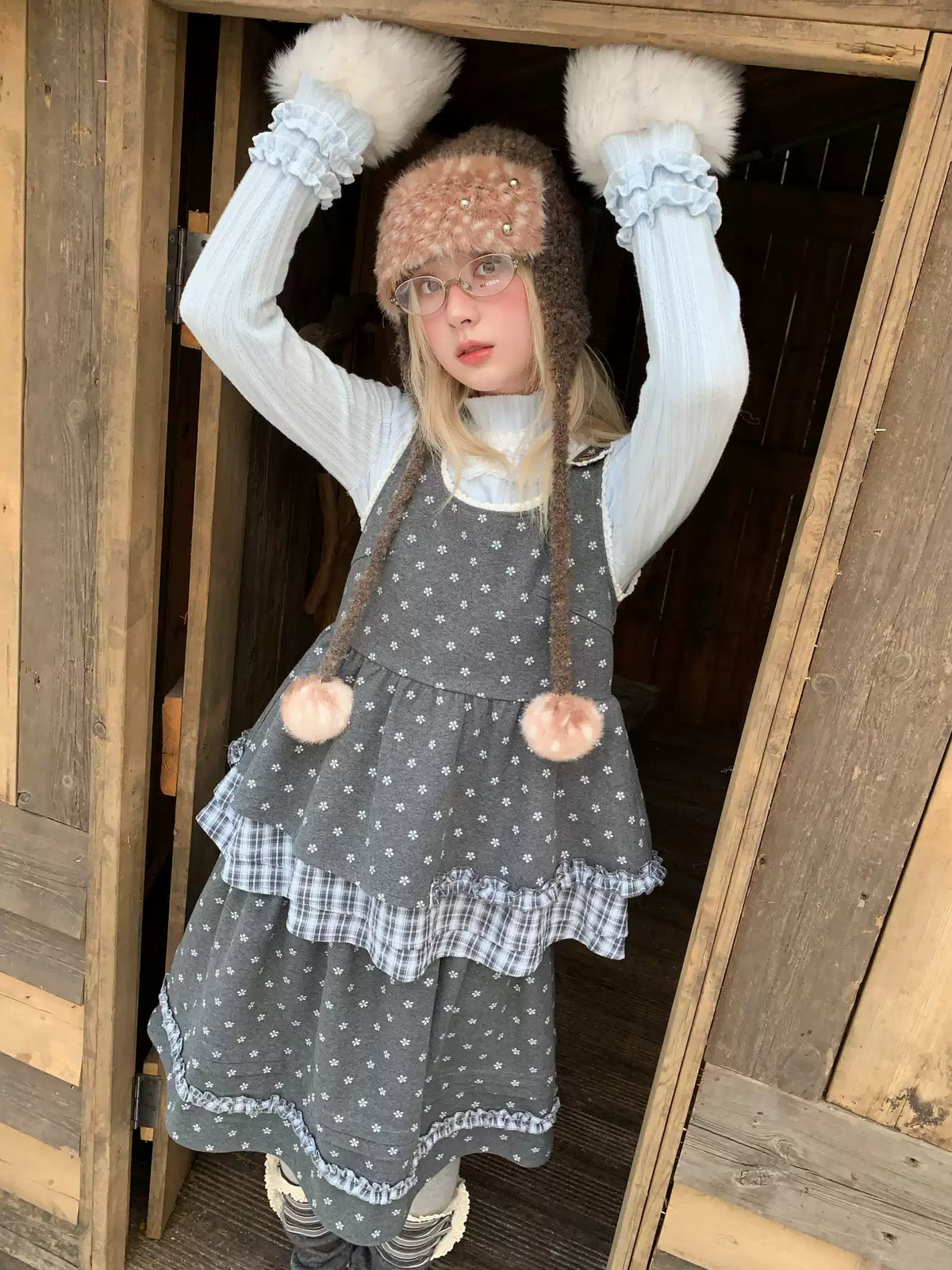 RF - Gray Floral Pinafore Top and Plaid Ruffle Skirt Set