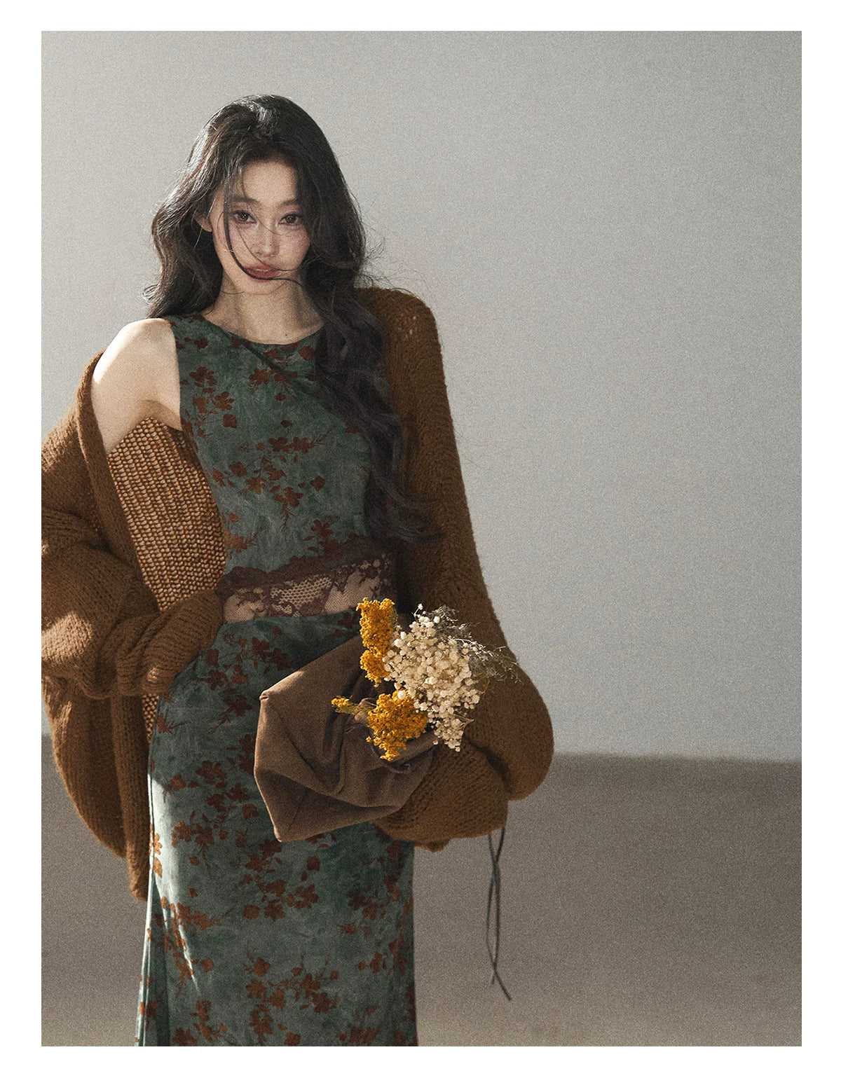 AOMALM - Caramel Brown Openwork Knit Cardigan