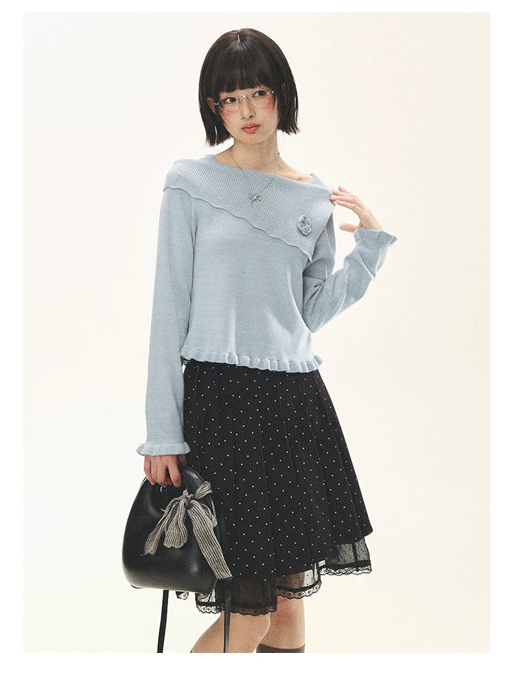 "Sea Salt Bloom" Sea Salt Blue Off-Shoulder Ruffle Knit Sweater