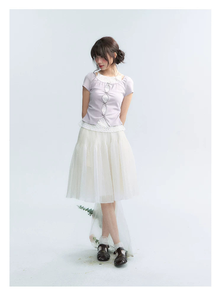 "Light Steps" Oat Apricot Pleated Lace Midi Skirt