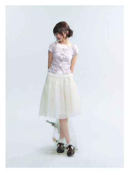"Light Steps" Oat Apricot Pleated Lace Midi Skirt
