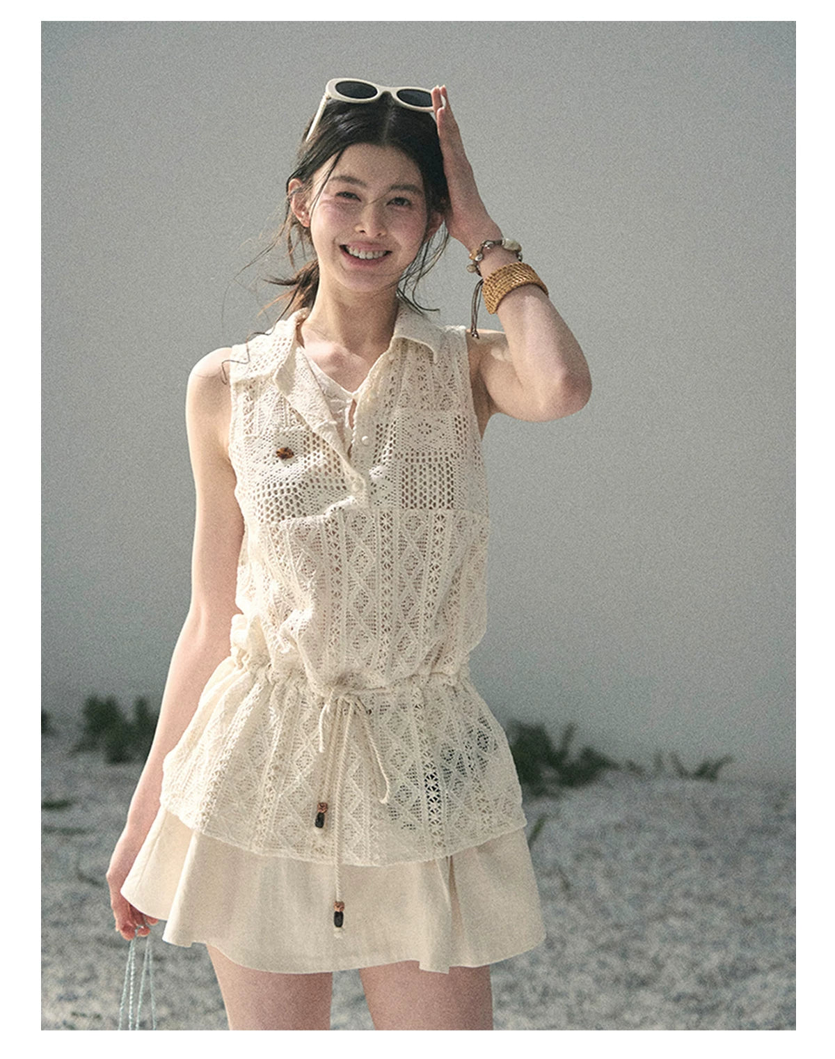 “Summer Breeze Kissing the Hem” Ivory Lace Layered Sleeveless Top