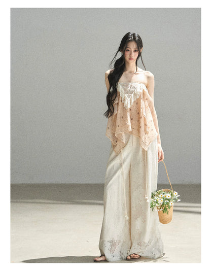 "Orange-Scented Dusk" Toasted Rice Beige Asymmetrical Lace Cami