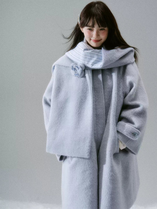 LOST FOREST - Sea Salt Blue Azure Winter Japanese Girl Scarf Cape Wool-Blend Long Coat