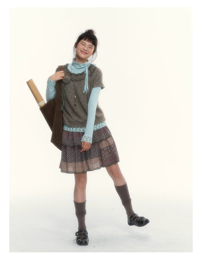 “Caramel Patchwork” Brown Patchwork Floral Plaid Lace A-Line Tiered Skirt