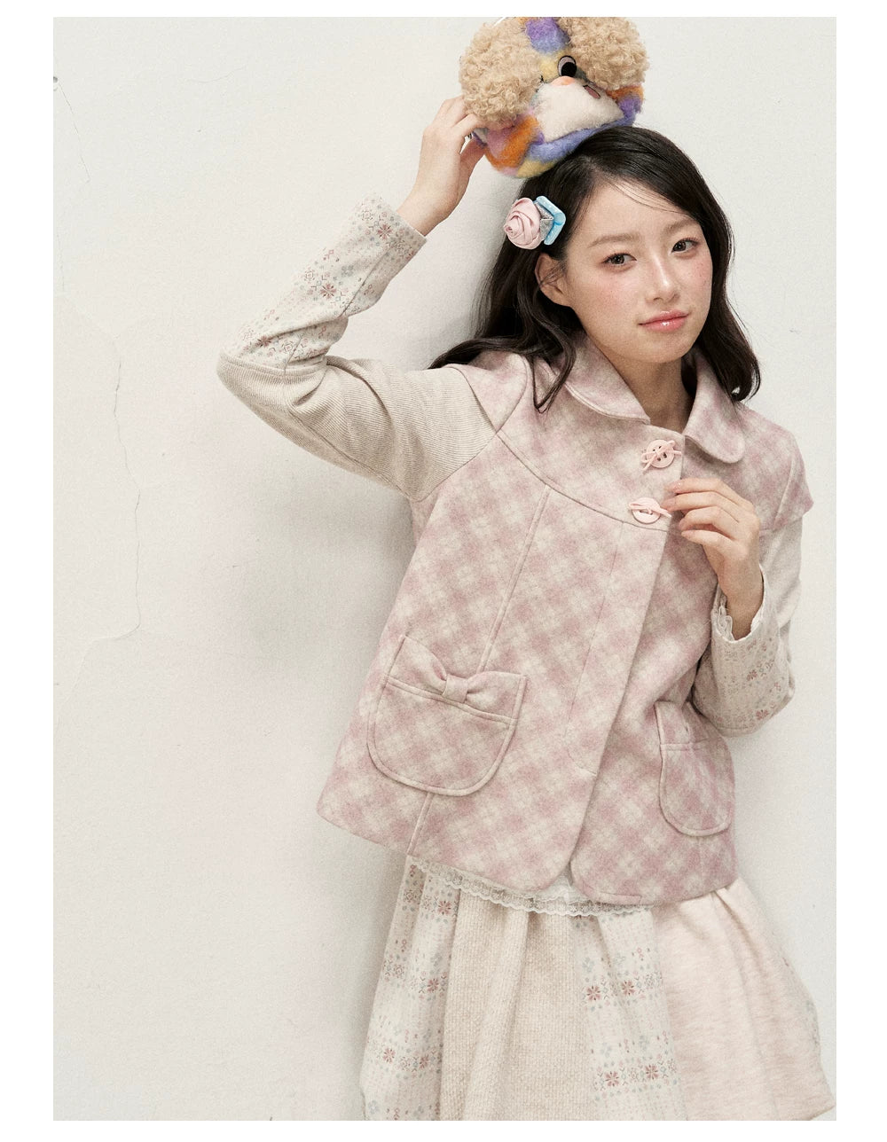 [RF] Pink Gingham Wool Blend Cropped Coat with Peter Pan Collar
