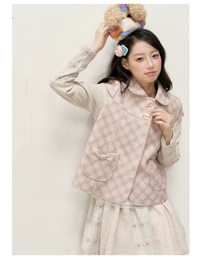[RF] Pink Gingham Wool Blend Cropped Coat with Peter Pan Collar