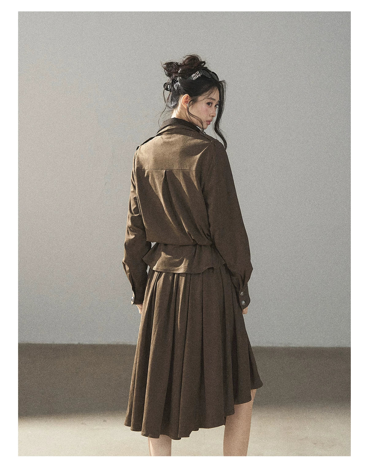 AOMALM - Terracotta Brown Shirt & Pleated Mini Skirt Set (With Belt)