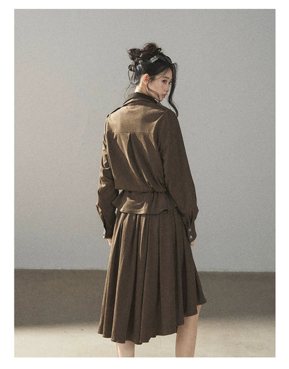 AOMALM - Terracotta Brown Shirt & Pleated Mini Skirt Set (With Belt)