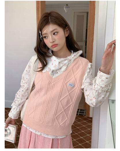 “Pudding Bear Letter” White Teddy Print Lace Blouse