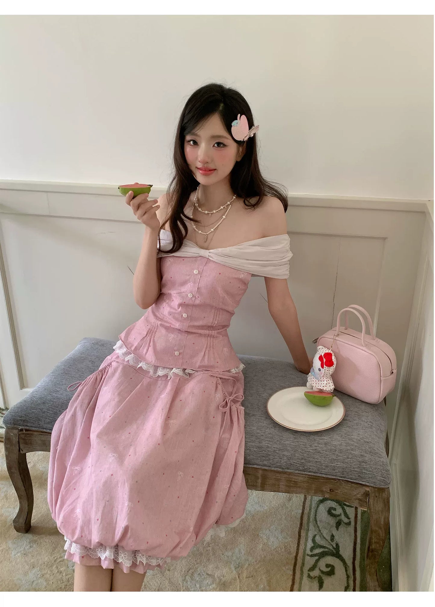 “Peach Mist Starlit Meadow” Pink Off-Shoulder Skirt Set