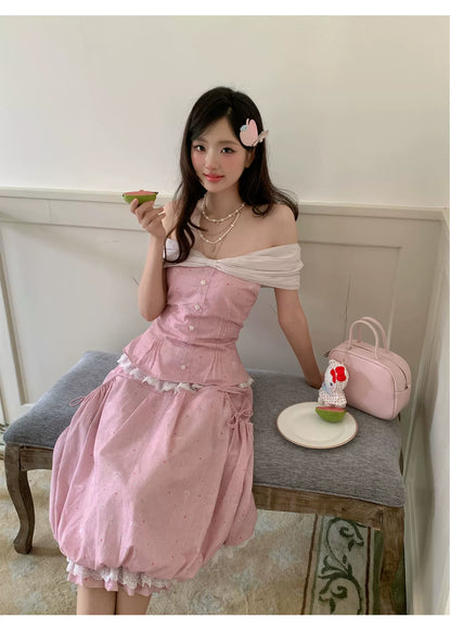 “Peach Mist Starlit Meadow” Pink Off-Shoulder Skirt Set
