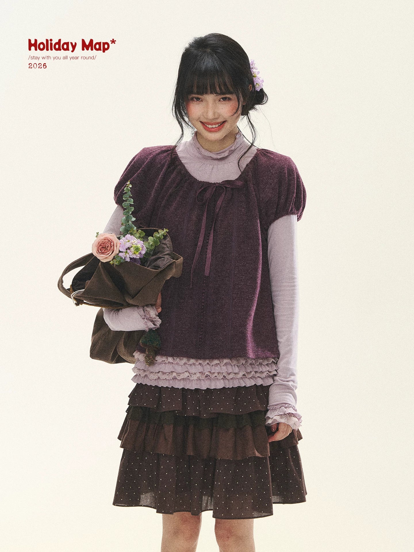 "Violet Journal" Grape Purple Bow Lace Short Sleeve Knit Top