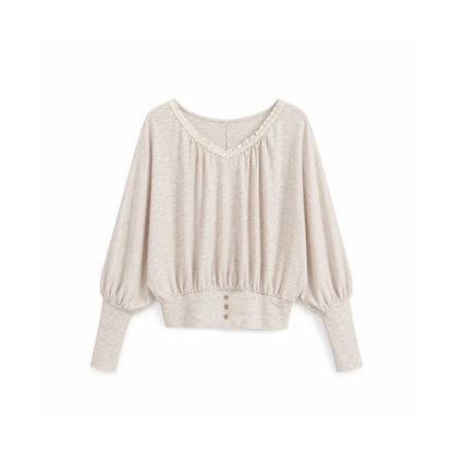 DAILY ARTIST - Soft Nude Pink Lace V-Neck Lantern Sleeve Top