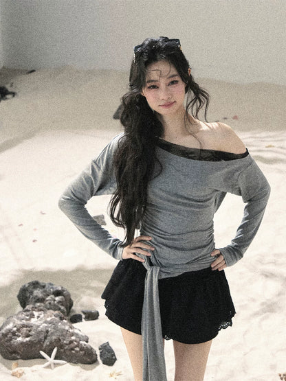 "Free Spirit" Moon Mist Gray Faux-Layer One-Shoulder Lace Top