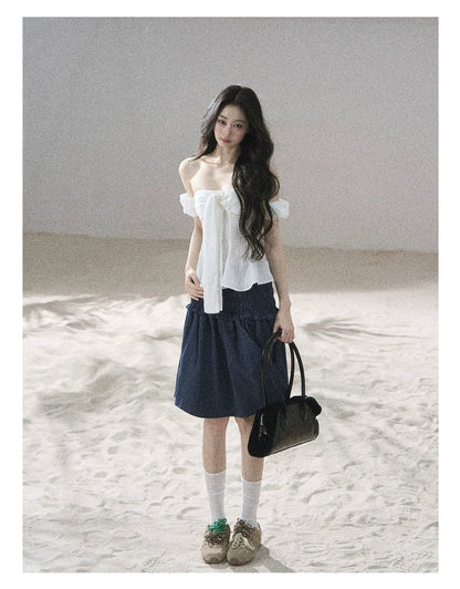 "Lazy Soliloquy" White Peplum Top & Wide-Leg Pants Set