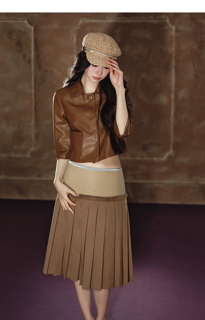 "Scholarly Muse" Khaki Faux Leather Jacket & Mixed-Media Pleated A-Line Skirt Set