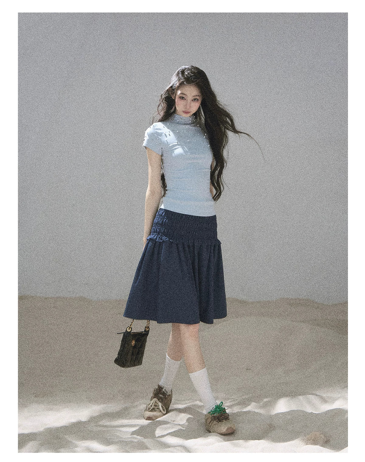 "Scattered Across the Milky Way" Pearl Beaded Knit T-Shirt (Haze Blue/ Sage Gray)