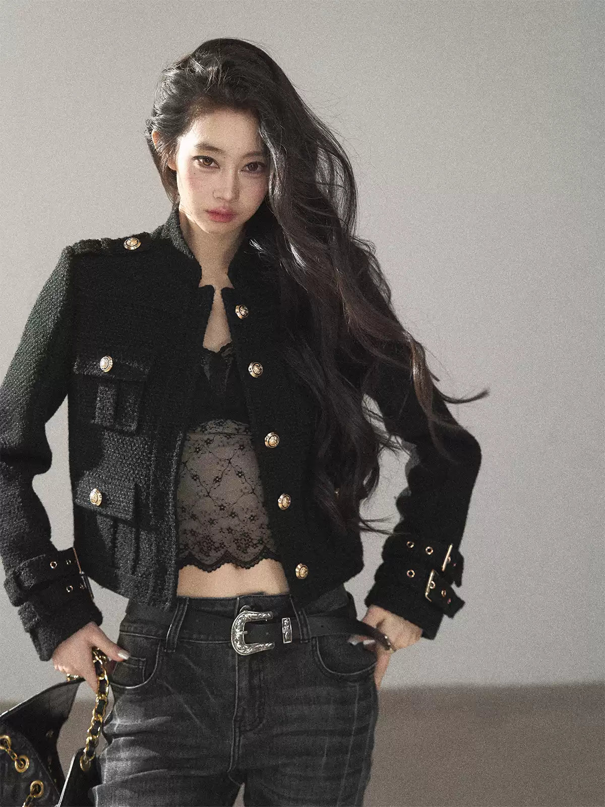 AOMALM - “Obsidian Wilderness” Black Cropped Multi-Pocket Tweed-Style Jacket